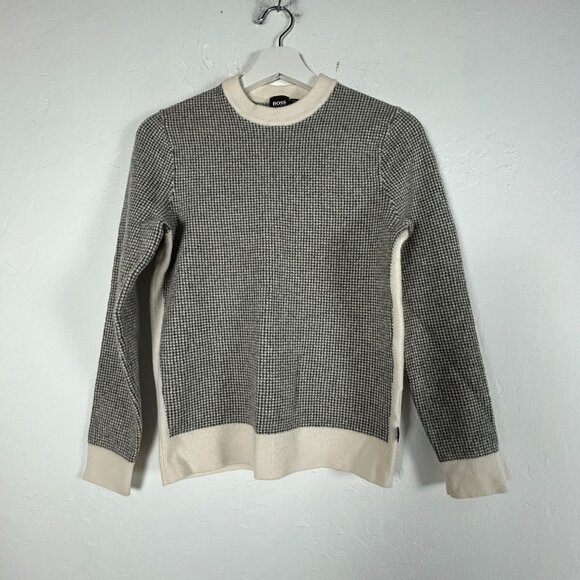 BOSS HUGO BOSS Womens Houndstooth Wool Crewneck Sweater Large Gray Pullover - Picture 1 of 9